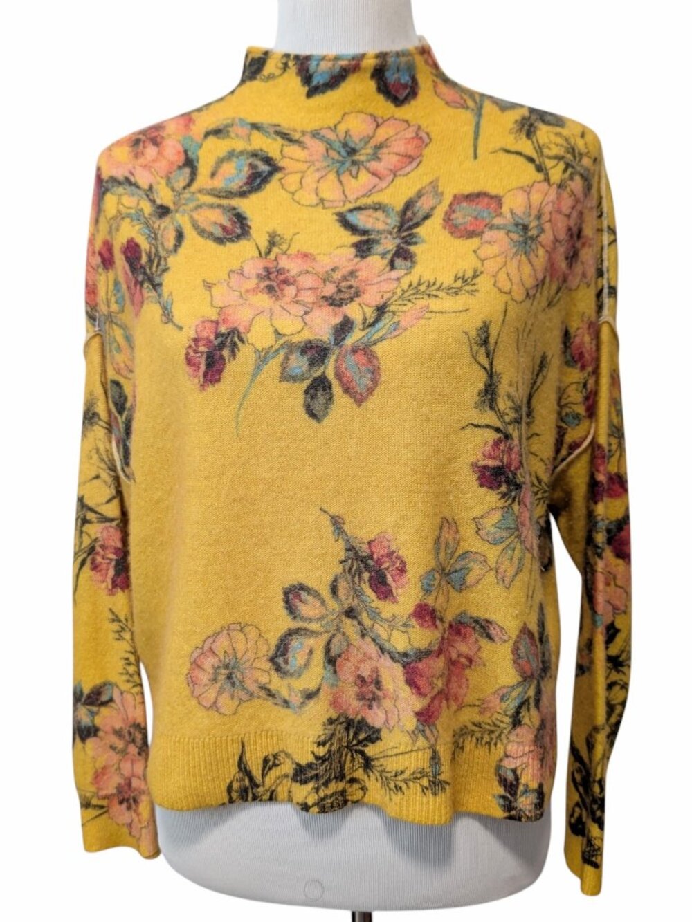 Pilcro Anthropologie Womens Sz XS Alani Yellow Floral Mock Neck Cashmere Sweater